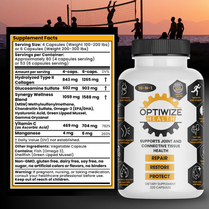 OptiWize 10-N-1 Joint Support Hydrolyzed Collagen,MSM, Hyaluronic Acid, Glucosamine,Chondroitin & More- Targets Joint Discomfort, Improves Mobility & Flexibility 320 Caps for Men & Women Made in USA - dailyvitalstore