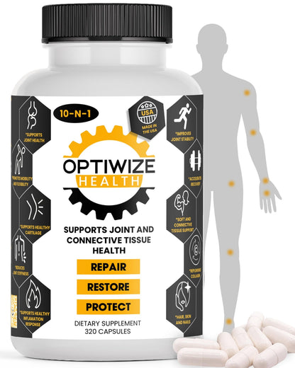 OptiWize 10-N-1 Joint Support Hydrolyzed Collagen,MSM, Hyaluronic Acid, Glucosamine,Chondroitin & More- Targets Joint Discomfort, Improves Mobility & Flexibility 320 Caps for Men & Women Made in USA - dailyvitalstore