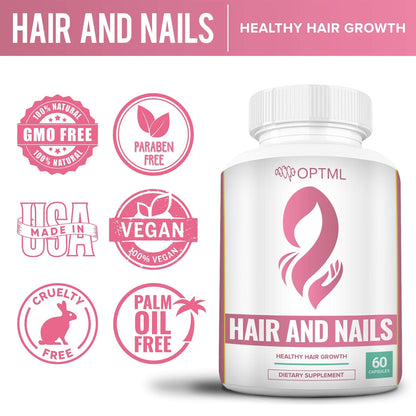 OPTML Hair and Nail Vitamins for Hair Growth and Thickness, Biotin-Infused Hair Pills, Hair Vitamins for Faster Hair Growth and Healthy Nails, for Women and Men, 60 Capsules - dailyvitalstore