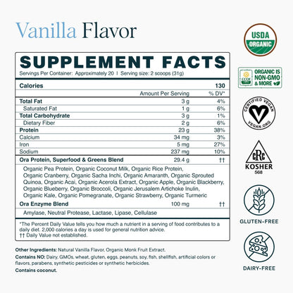 Ora Organic Plant-Based Protein Powder - 23g Protein for Women and Men - Vanilla Flavor 20 Servings, Vegan, Clean Protein - dailyvitalstore