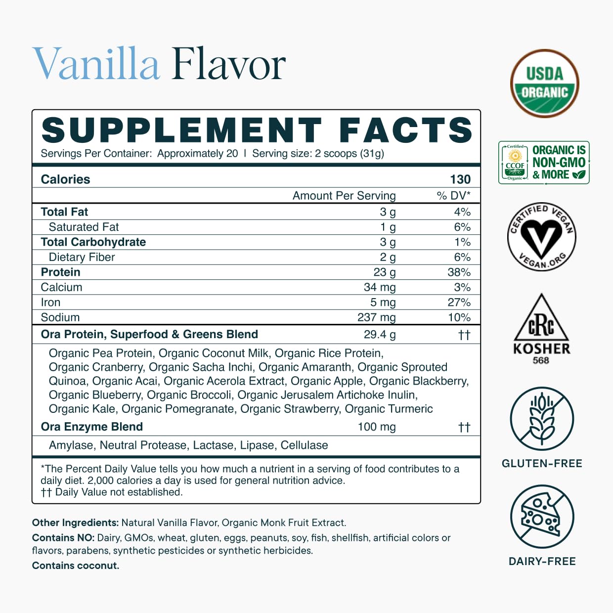 Ora Organic Plant-Based Protein Powder - 23g Protein for Women and Men - Vanilla Flavor 20 Servings, Vegan, Clean Protein, Third-Party Tested, Gluten-Free - 20 Servings - dailyvitalstore