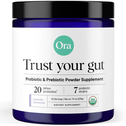 Ora Organic Prebiotic and Probiotic Powder Supplement - 20 Billion Probiotics, 7 Strains for Best Prebiotic Powder, Non-GMO, Probiotics for Women, Men & Kids - Lavender Lemonade Flavor, 30 Servings - dailyvitalstore