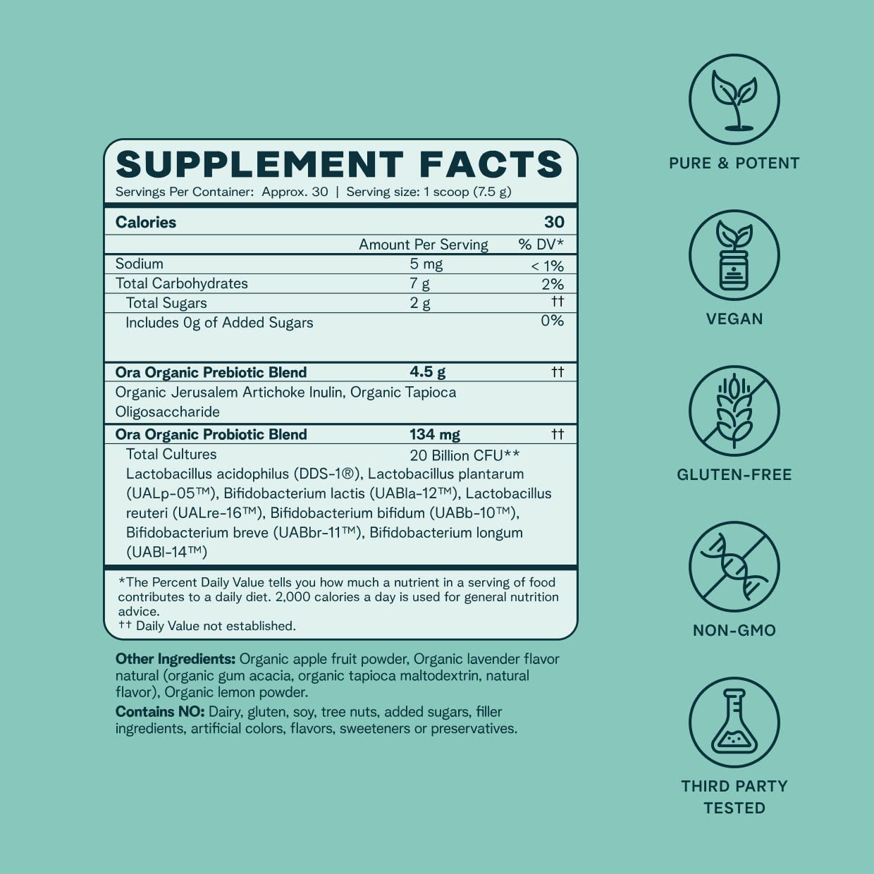 Ora Organic Prebiotic and Probiotic Powder Supplement - 20 Billion Probiotics, 7 Strains for Best Prebiotic Powder, Non-GMO, Probiotics for Women, Men & Kids - Lavender Lemonade Flavor, 30 Servings - dailyvitalstore