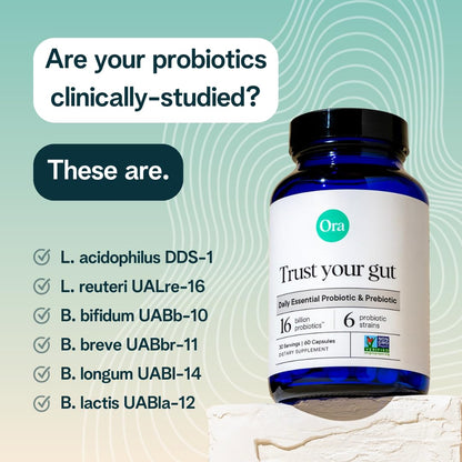 Ora Organic Probiotics with Prebiotics for Digestive Health 16 Billion CFU - Trust Your Gut - Strains - Acidophilus Lactobacillus Breve Bifidum Lactis - dailyvitalstore