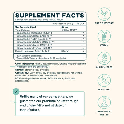 Ora Organic Probiotics with Prebiotics for Digestive Health 16 Billion CFU - Trust Your Gut - Strains - Acidophilus Lactobacillus Breve Bifidum Lactis - dailyvitalstore