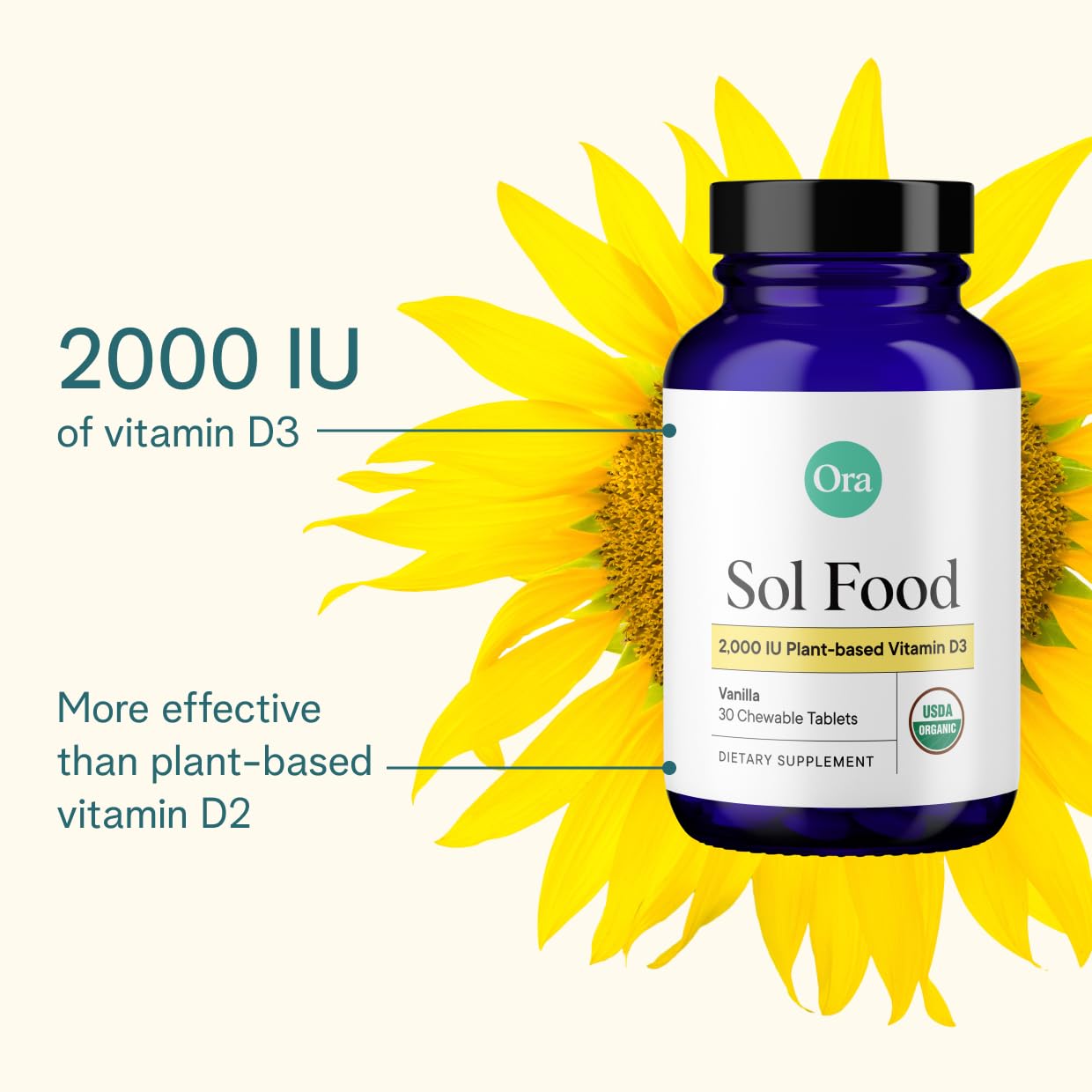 Ora Organic Vitamin D3 2000IU - Vegan Vitamin D Chewables from Lichen for Bone Health, Immune Support, & Mood | Maximum Absorption - 1 Month Supply, 30 Vegan Chewable Vanilla Tablets - dailyvitalstore
