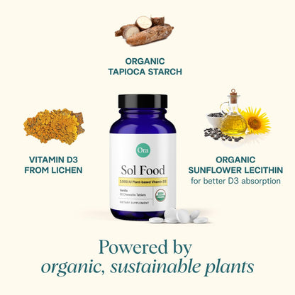 Ora Organic Vitamin D3 2000IU - Vegan Vitamin D Chewables from Lichen for Bone Health, Immune Support, & Mood | Maximum Absorption - 1 Month Supply, 30 Vegan Chewable Vanilla Tablets - dailyvitalstore