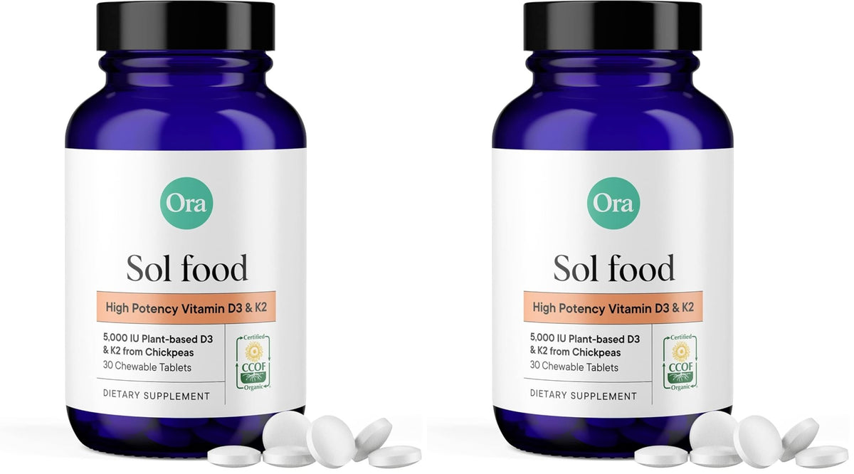 Ora Organic Vitamin D3 5000IU + K2 - Vegan Vitamin D from Lichen and K2 from Chickpeas for Bone Health, Immune Support, & Mood, Maximum Absorption - 1 Month Supply, 30 Chewable Tablets (Pack of 2) - dailyvitalstore