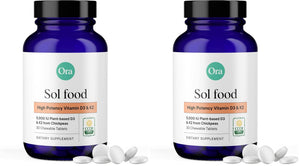 Ora Organic Vitamin D3 5000IU + K2 - Vegan Vitamin D from Lichen and K2 from Chickpeas for Bone Health, Immune Support, & Mood, Maximum Absorption - 1 Month Supply, 30 Chewable Tablets (Pack of 2) - dailyvitalstore