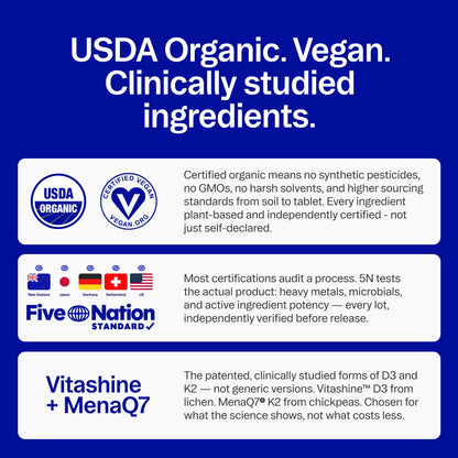 Ora Organic Vitamin D3 5000IU + K2 - Vegan Vitamin D from Lichen and K2 from Chickpeas for Bone Health, Immune Support, & Mood, Maximum Absorption - 1 Month Supply, 30 Chewable Tablets - dailyvitalstore