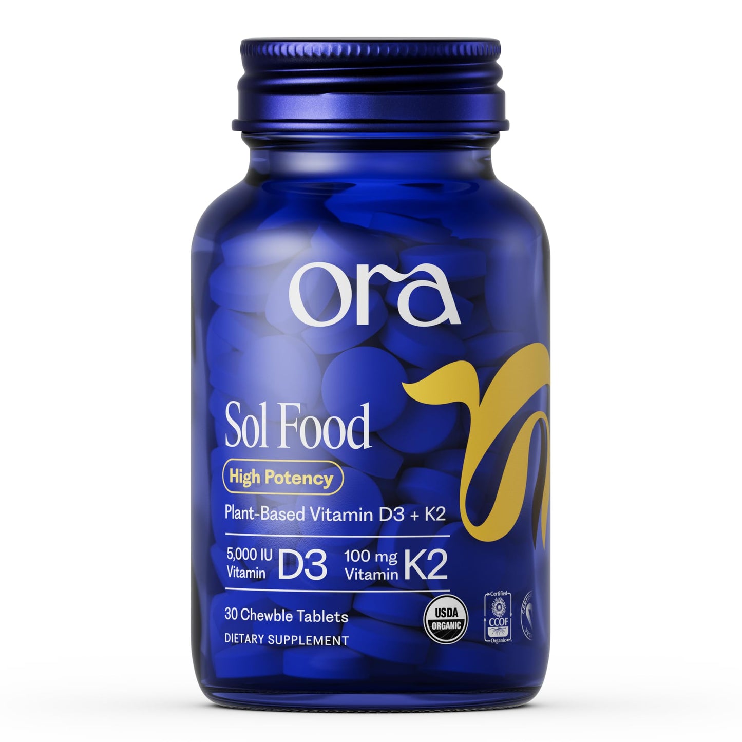 Ora Organic Vitamin D3 5000IU + K2 - Vegan Vitamin D from Lichen and K2 from Chickpeas for Bone Health, Immune Support, & Mood, Maximum Absorption - 1 Month Supply, 30 Chewable Tablets - dailyvitalstore