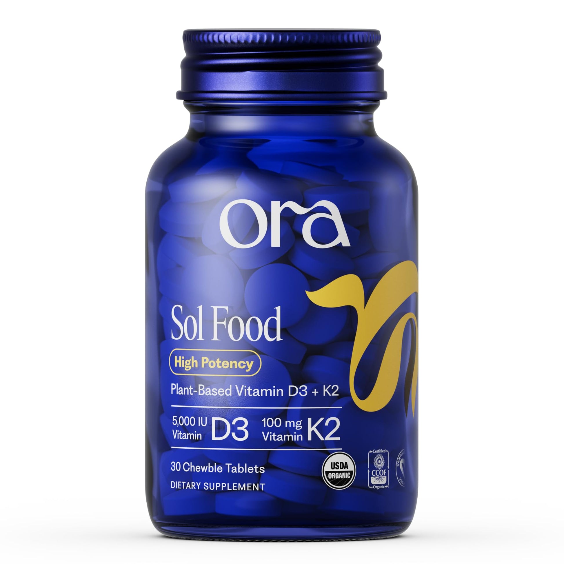 Ora Organic Vitamin D3 5000IU + K2 - Vegan Vitamin D from Lichen and K2 from Chickpeas for Bone Health, Immune Support, & Mood, Maximum Absorption - 1 Month Supply, 30 Chewable Tablets - dailyvitalstore