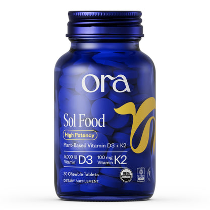 Ora Organic Vitamin D3 5000IU + K2 - Vegan Vitamin D from Lichen and K2 from Chickpeas for Bone Health, Immune Support, & Mood, Maximum Absorption - 1 Month Supply, 30 Chewable Tablets - dailyvitalstore