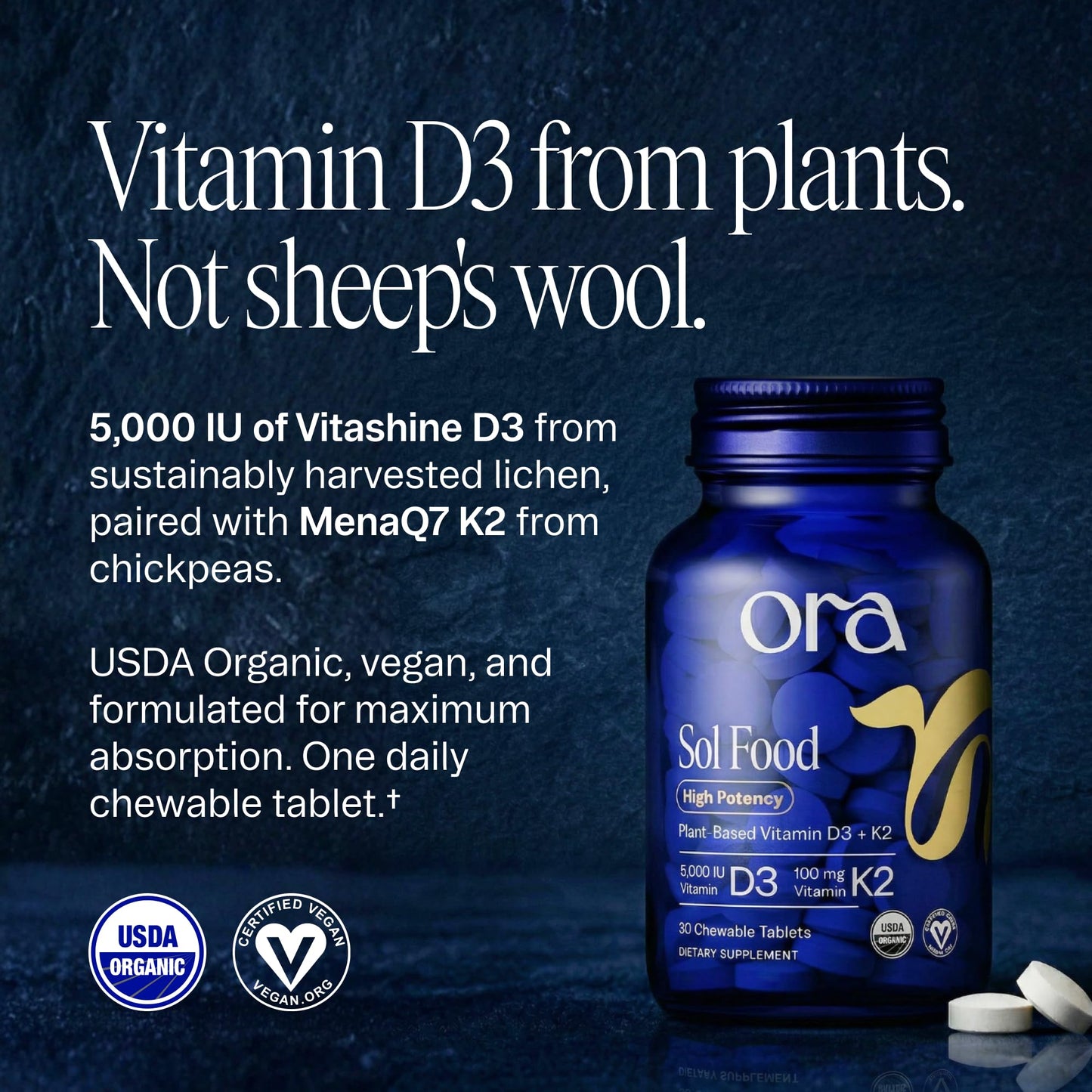 Ora Organic Vitamin D3 5000IU + K2 - Vegan Vitamin D from Lichen and K2 from Chickpeas for Bone Health, Immune Support, & Mood, Maximum Absorption - 1 Month Supply, 30 Chewable Tablets - dailyvitalstore