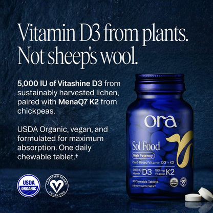 Ora Organic Vitamin D3 5000IU + K2 - Vegan Vitamin D from Lichen and K2 from Chickpeas for Bone Health, Immune Support, & Mood, Maximum Absorption - 1 Month Supply, 30 Chewable Tablets - dailyvitalstore