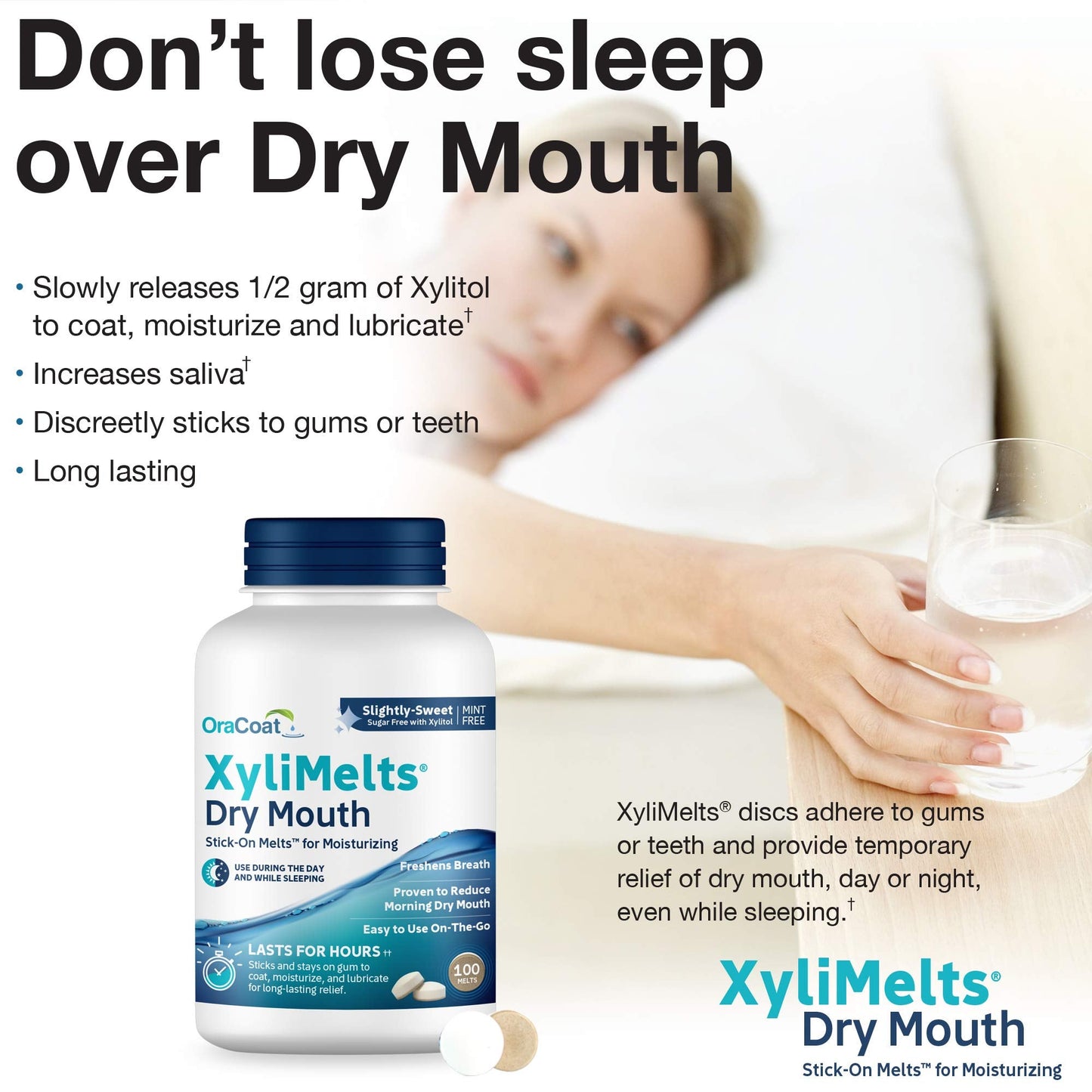 Oracoat XyliMelts for Dry Mouth Night Time or Day - Moisturizing Dry Mouth Adhering Discs, Sugar Free with Xylitol, 100 Count, - dailyvitalstore