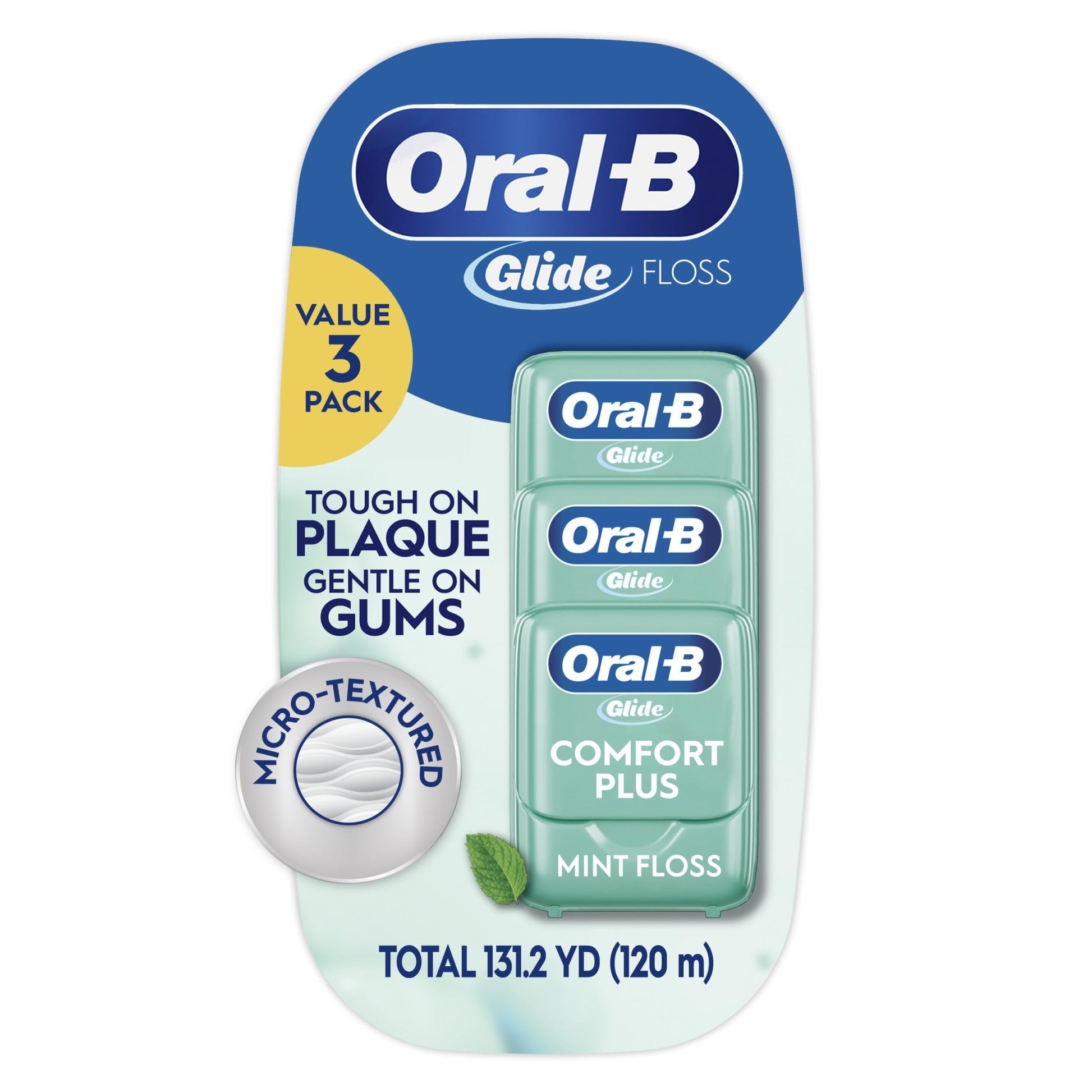 Oral-B Glide Dental Floss, Comfort Plus Mint, 3 Pack (131.2 YD Total) – Shred-Resistant Smooth Dental Tape for Tight Spaces, Natural Wax, - dailyvitalstore
