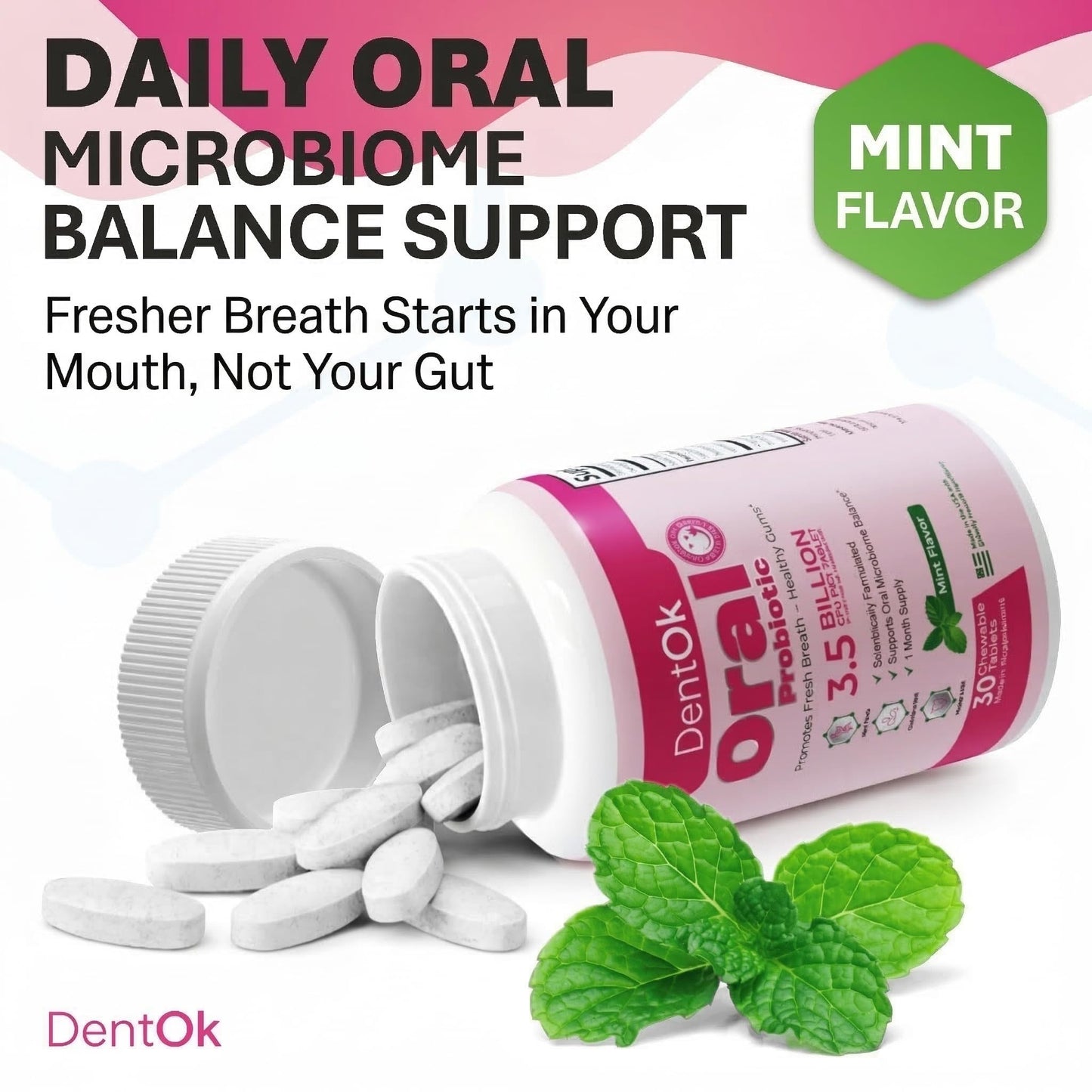 Oral Probiotics for Bad Breath & Gum Health – Dental Probiotic Chewable Mint Tablets, Sugar-Free, Gluten-Free – Made in USA – 30-Day Supply - DentOk - dailyvitalstore