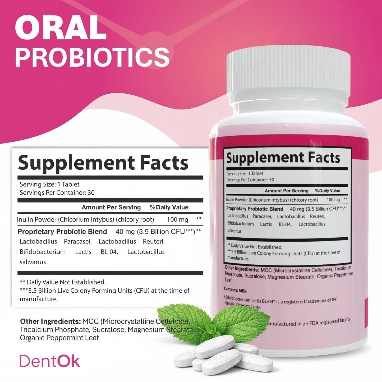Oral Probiotics for Bad Breath & Gum Health – Dental Probiotic Chewable Mint Tablets, Sugar-Free, Gluten-Free – Made in USA – 30-Day Supply - DentOk - dailyvitalstore