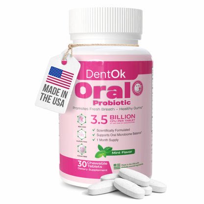 Oral Probiotics for Bad Breath & Gum Health – Dental Probiotic Chewable Mint Tablets, Sugar-Free, Gluten-Free – Made in USA – 30-Day Supply - DentOk - dailyvitalstore