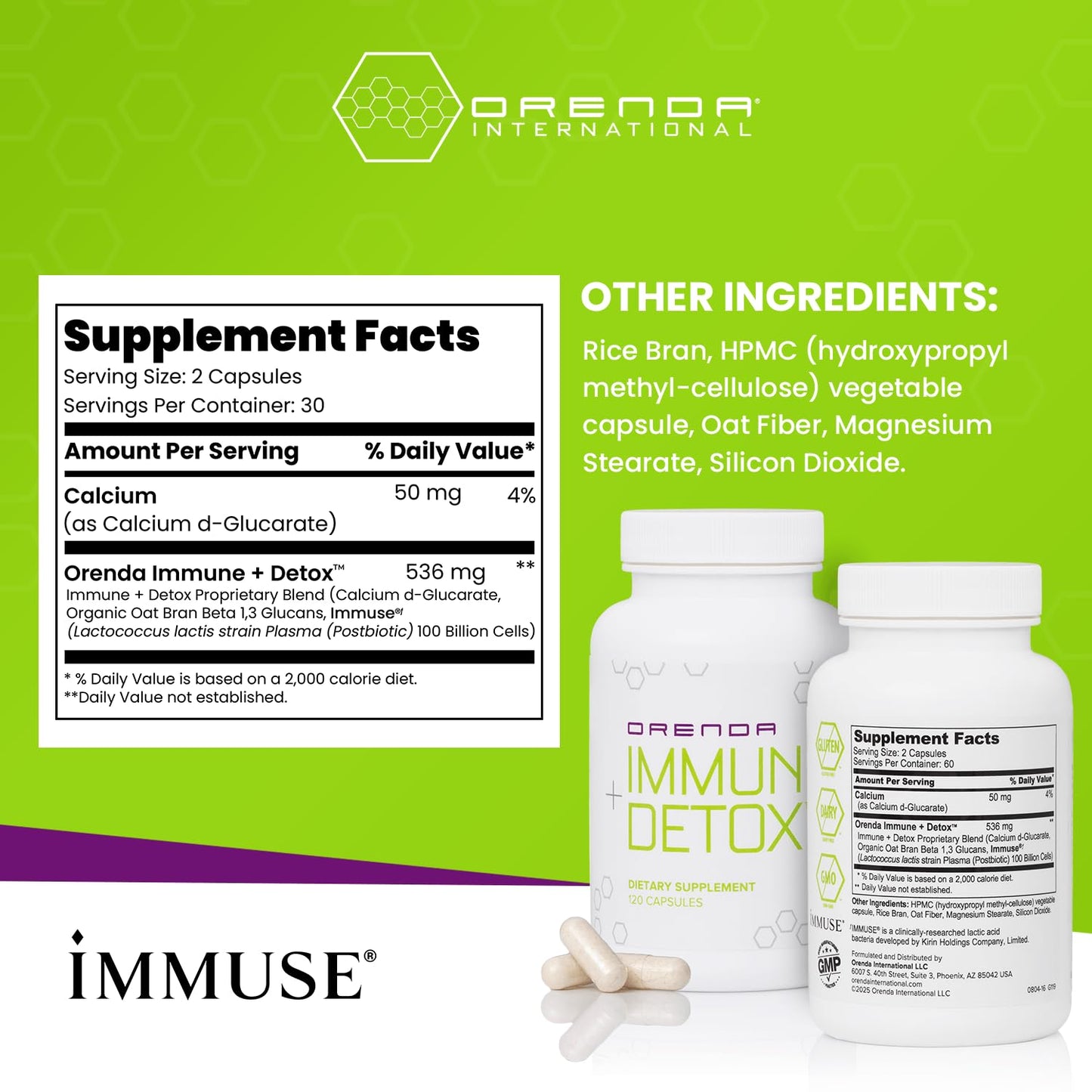 Orenda Immune + Detox - Specialized Formula with Calcium d-Glucarate, Beta 1,3 Glucans & IMMUSE® for Wellness and Balance - 120 Capsules - dailyvitalstore