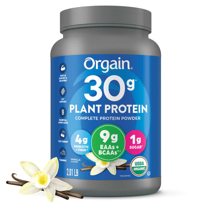 Orgain Organic 30g Vegan Plant Protein Powder, Vanilla, 9g EAAs + BCAAs, High Plant Protein, 4g Prebiotic + Fiber, 1g Sugar, Pre-Workout, Muscle Support + Recovery - 2.01lb (Packaging May Vary) - dailyvitalstore