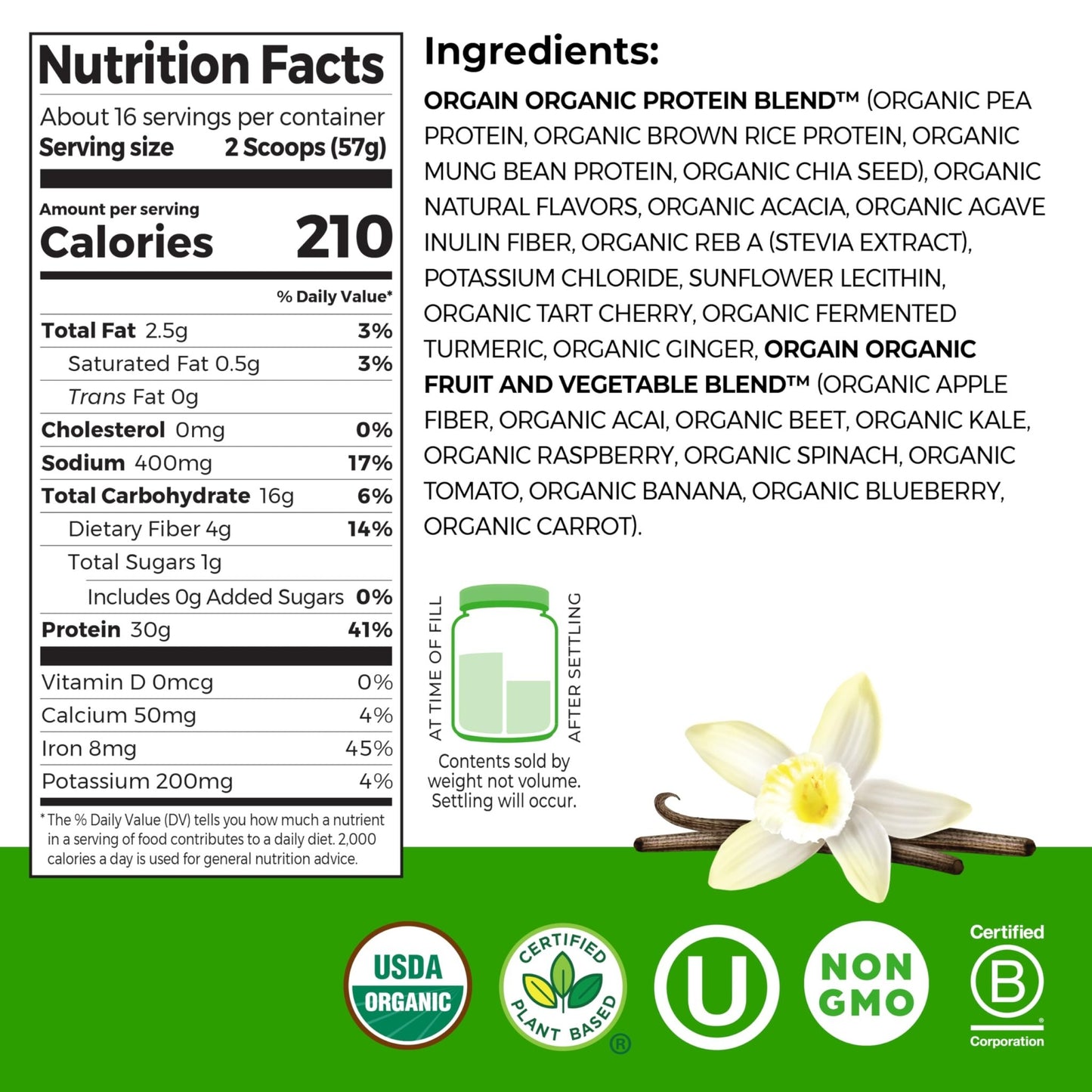 Orgain Organic 30g Vegan Plant Protein Powder, Vanilla, 9g EAAs + BCAAs, High Plant Protein, 4g Prebiotic + Fiber, 1g Sugar, Pre-Workout, Muscle Support + Recovery - 2.01lb (Packaging May Vary) - dailyvitalstore