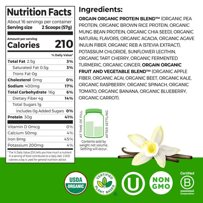 Orgain Organic 30g Vegan Plant Protein Powder, Vanilla, 9g EAAs + BCAAs, High Plant Protein, 4g Prebiotic + Fiber, 1g Sugar, Pre-Workout, Muscle Support + Recovery - 2.01lb (Packaging May Vary) - dailyvitalstore