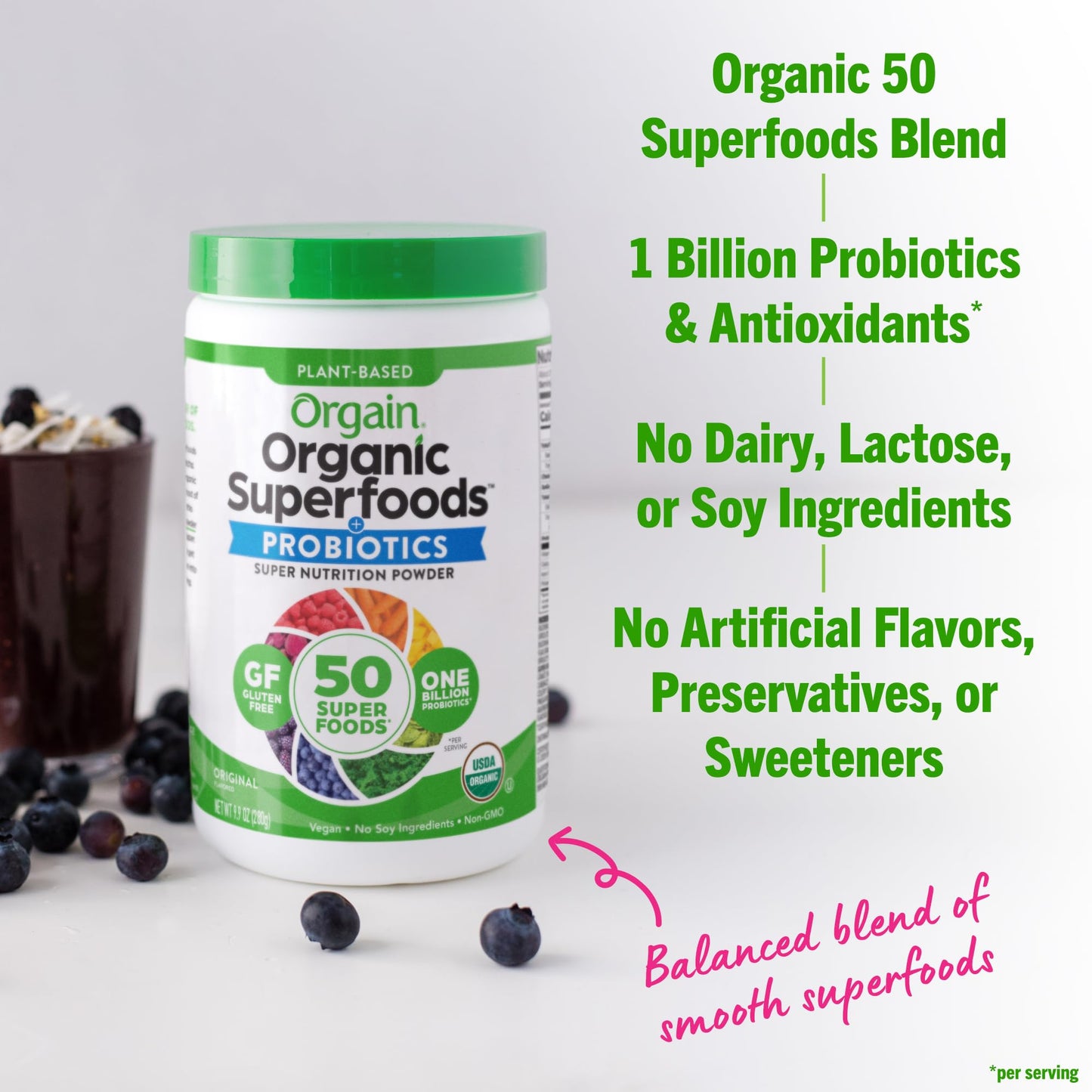 Orgain Organic Greens Powder + 50 Superfoods, Original - 1 Billion Probiotics for Digestive Health, Antioxidants, Vegan, Plant-Based, Gluten-Free, Non-GMO - dailyvitalstore