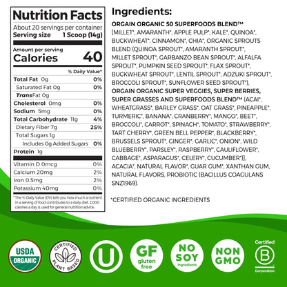 Orgain Organic Greens Powder + 50 Superfoods, Original - 1 Billion Probiotics for Digestive Health, Antioxidants, Vegan, Plant-Based, Gluten-Free, Non-GMO - dailyvitalstore