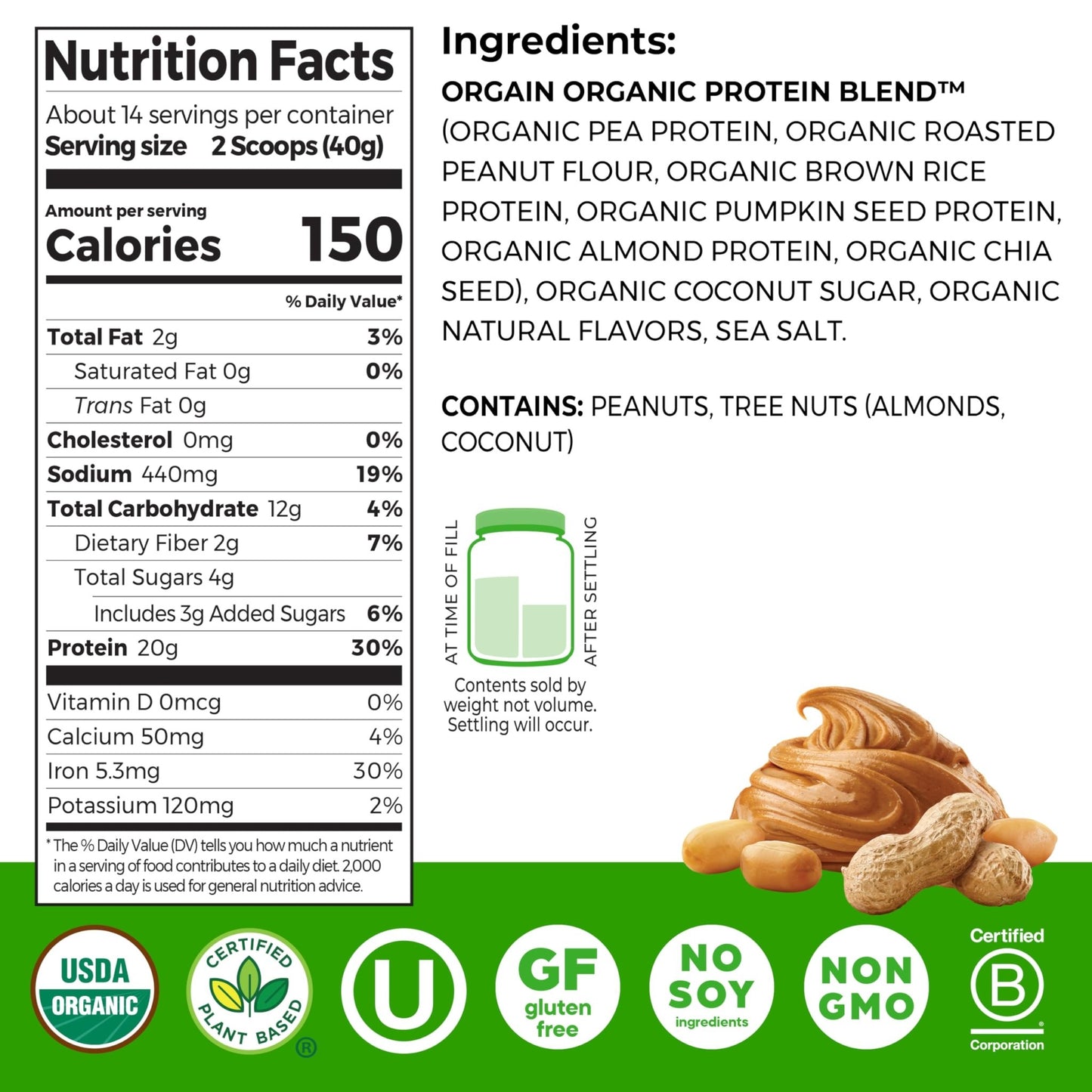 Orgain Organic Simple Vegan Protein Powder, Peanut Butter - 20g Plant Based Protein, With less Ingredients, No Artificial Sweeteners, Gluten Free, No Dairy or Lactose, 1.25 lb (Packaging May Vary) - dailyvitalstore