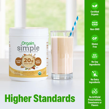 Orgain Organic Simple Vegan Protein Powder, Peanut Butter - 20g Plant Based Protein, With less Ingredients, No Artificial Sweeteners, Gluten Free, No Dairy or Lactose, 1.25 lb (Packaging May Vary) - dailyvitalstore