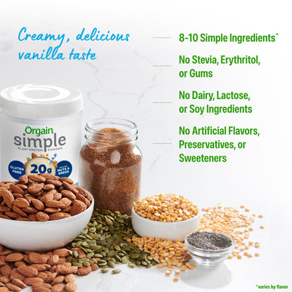 Orgain Organic Simple Vegan Protein Powder, Vanilla - 20g Plant Based Protein, Made with less Ingredients, No Artificial Sweeteners, Gluten Free, No Dairy or Lactose, 1.25 lb (Packaging May Vary) - dailyvitalstore