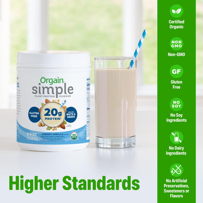 Orgain Organic Simple Vegan Protein Powder, Vanilla - 20g Plant Based Protein, Made with less Ingredients, No Artificial Sweeteners, Gluten Free, No Dairy or Lactose, 1.25 lb (Packaging May Vary) - dailyvitalstore