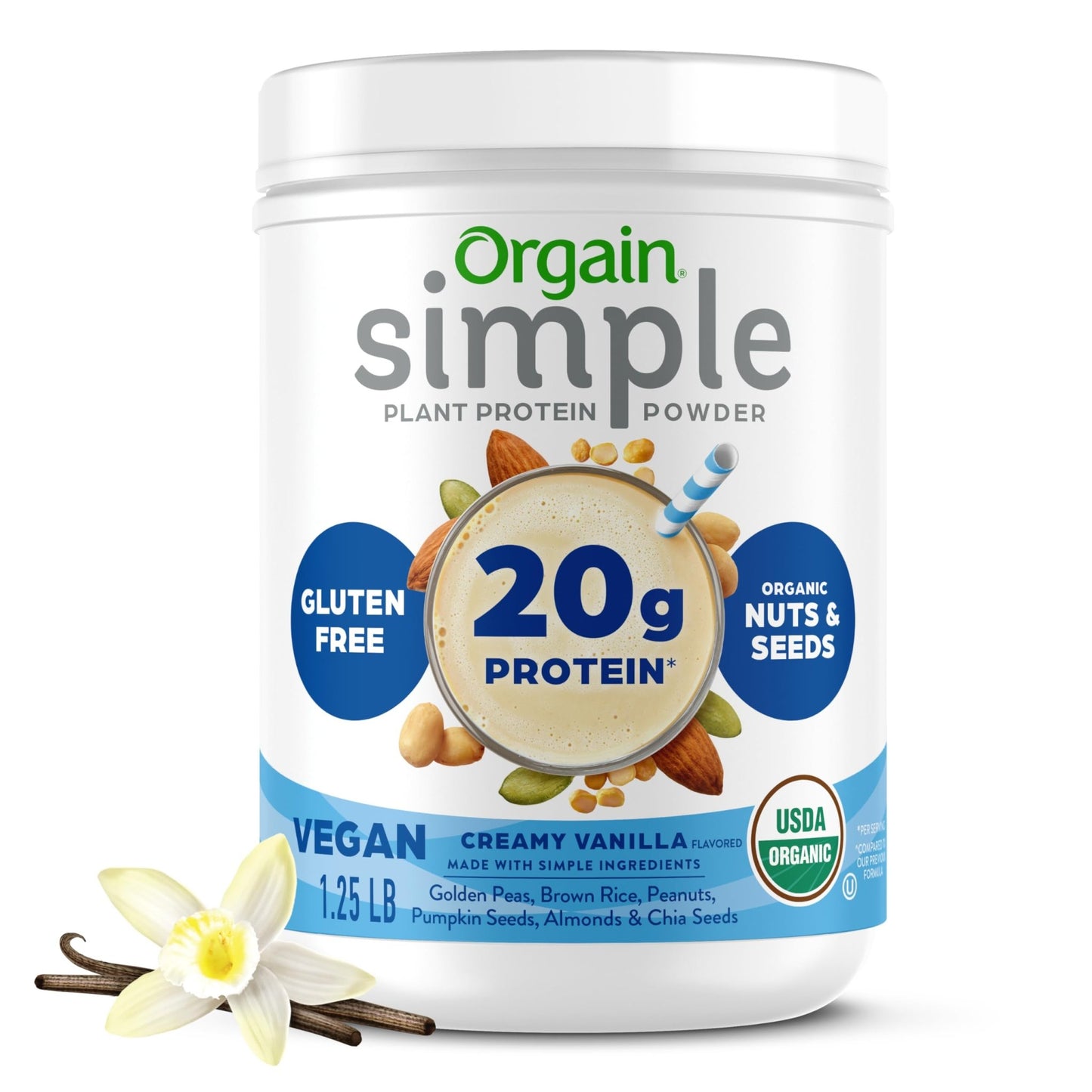 Orgain Organic Simple Vegan Protein Powder, Vanilla - 20g Plant Based Protein, Made with less Ingredients, No Artificial Sweeteners, Gluten Free, No Dairy or Lactose, 1.25 lb (Packaging May Vary) - dailyvitalstore