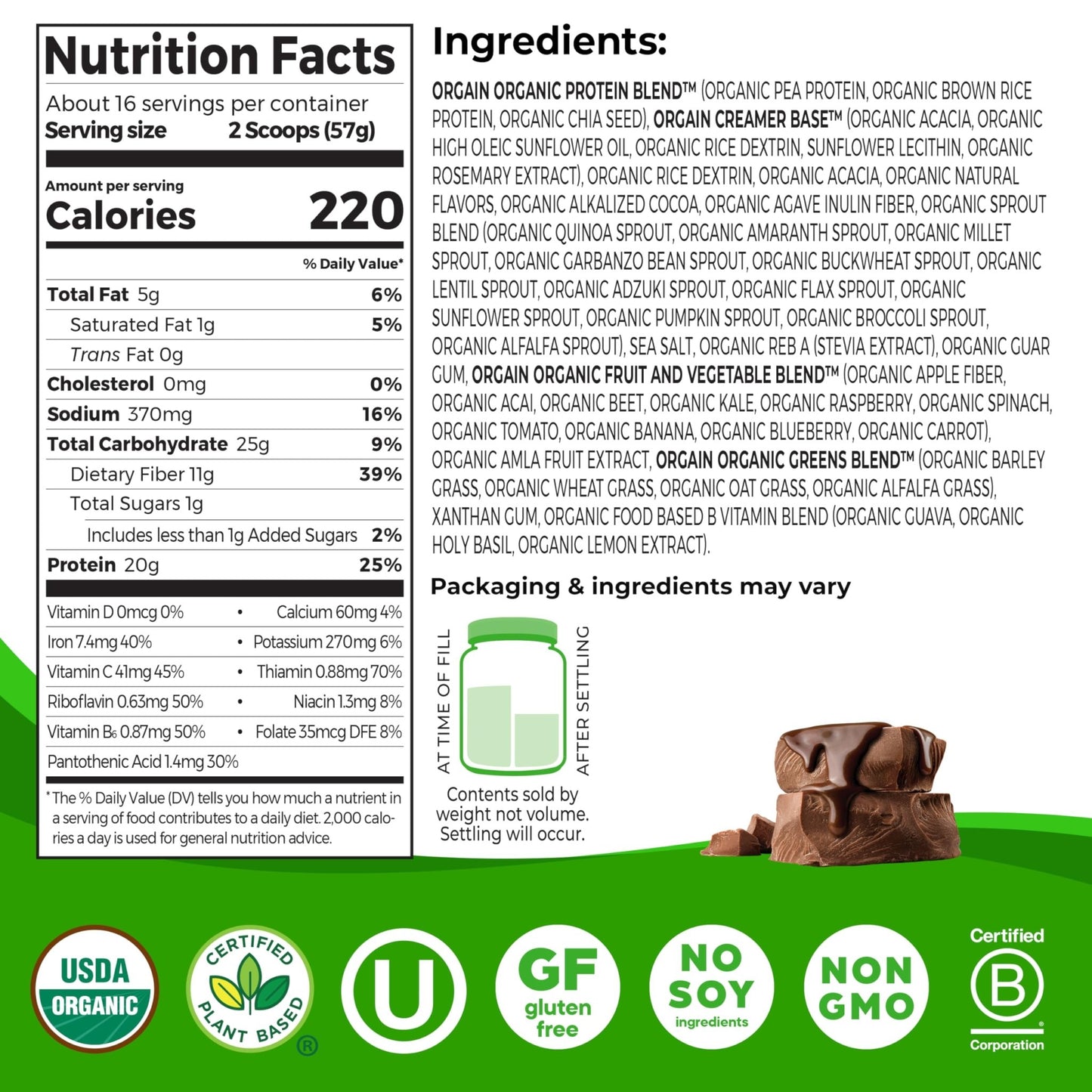 Orgain Organic Vegan Meal Replacement Protein Powder, Creamy Chocolate Fudge - 20g Plant Based Protein, Gluten Free, Dairy Free, Lactose Free, Soy Free, No Sugar Added, - dailyvitalstore