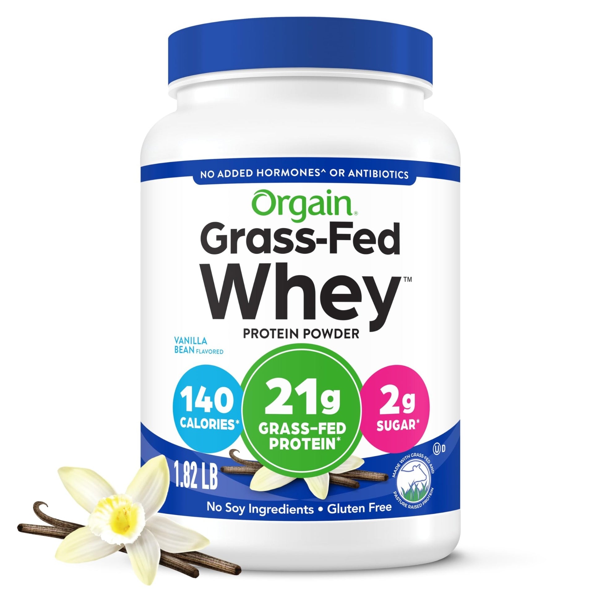 Orgain Whey Protein Powder, Vanilla Bean, 21g Grass Fed Dairy Protein, 5g BCAAs, 3g Prebiotic Fiber, 2g Sugar, No Added Hormones, Gluten Free, Kosher, for Shakes & Smoothies, 1.82 lb - dailyvitalstore