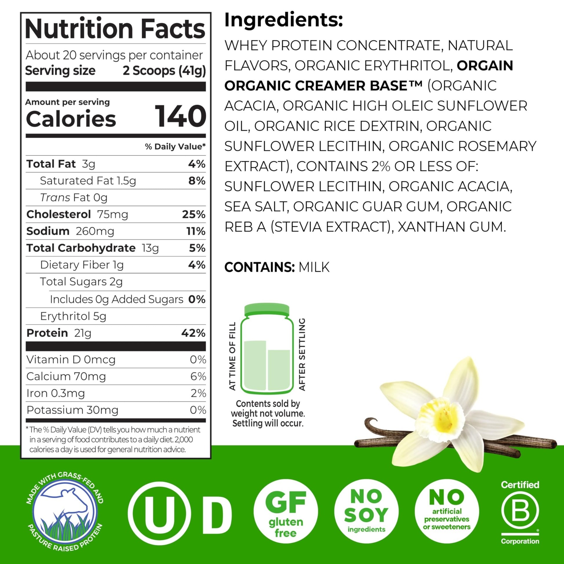 Orgain Whey Protein Powder, Vanilla Bean, 21g Grass Fed Dairy Protein, 5g BCAAs, 3g Prebiotic Fiber, 2g Sugar, No Added Hormones, Gluten Free, Kosher, for Shakes & Smoothies, 1.82 lb - dailyvitalstore
