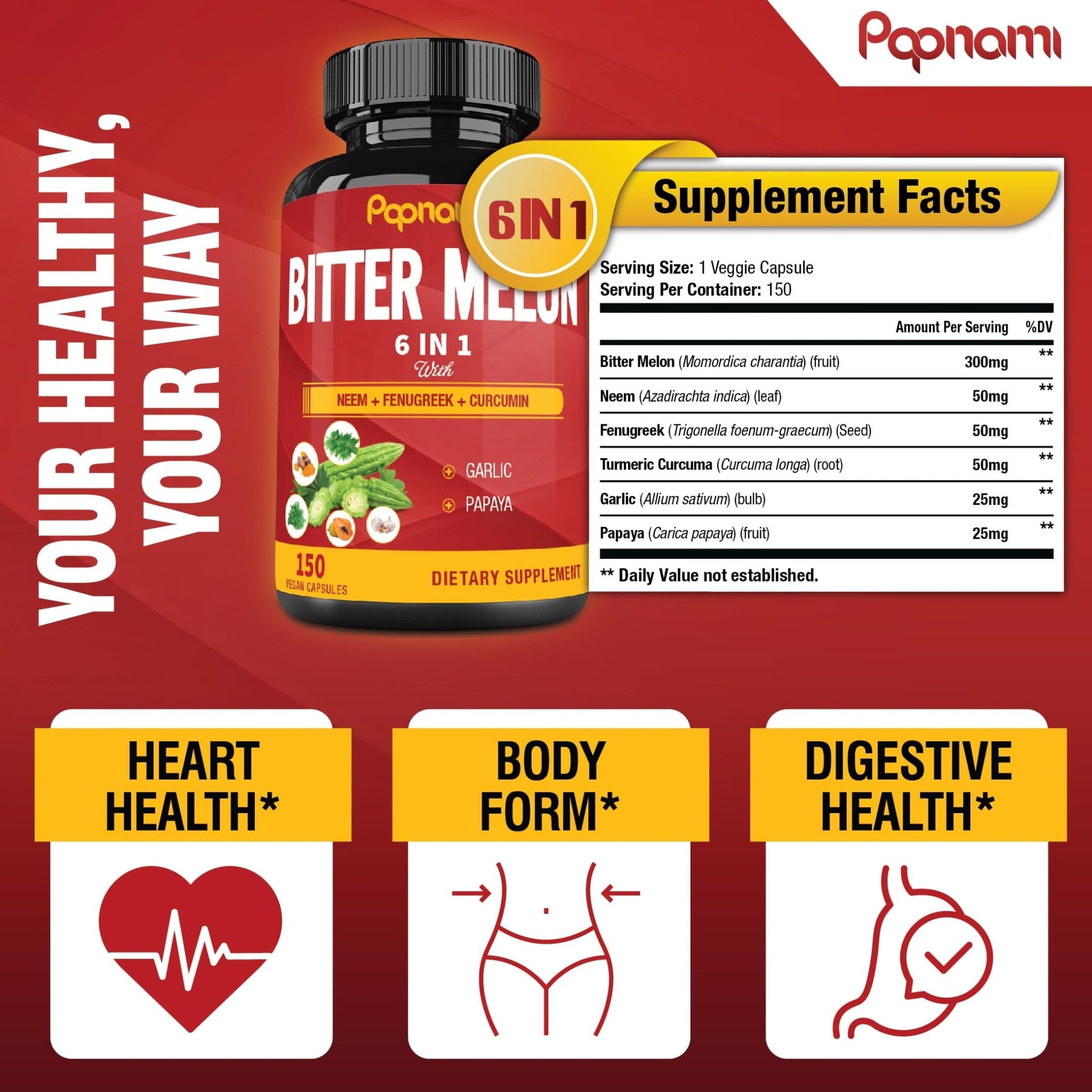 Organic Bitter Melon Extract Capsules - Combined Neem, Fenugreek, Curcumin, Garlic & Papaya - 150 Count for 5 Months - Supports Body, Digestive - dailyvitalstore