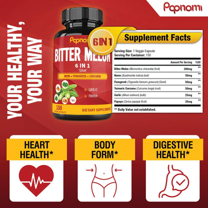 Organic Bitter Melon Extract Capsules - Combined Neem, Fenugreek, Curcumin, Garlic & Papaya - 150 Count for 5 Months - Supports Body, Digestive - dailyvitalstore