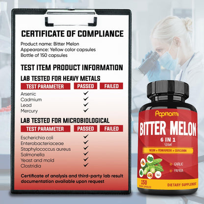 Organic Bitter Melon Extract Capsules - Combined Neem, Fenugreek, Curcumin, Garlic & Papaya - 150 Count for 5 Months - Supports Body, Digestive - dailyvitalstore