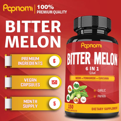 Organic Bitter Melon Extract Capsules - Combined Neem, Fenugreek, Curcumin, Garlic & Papaya - 150 Count for 5 Months - Supports Body, Digestive - dailyvitalstore