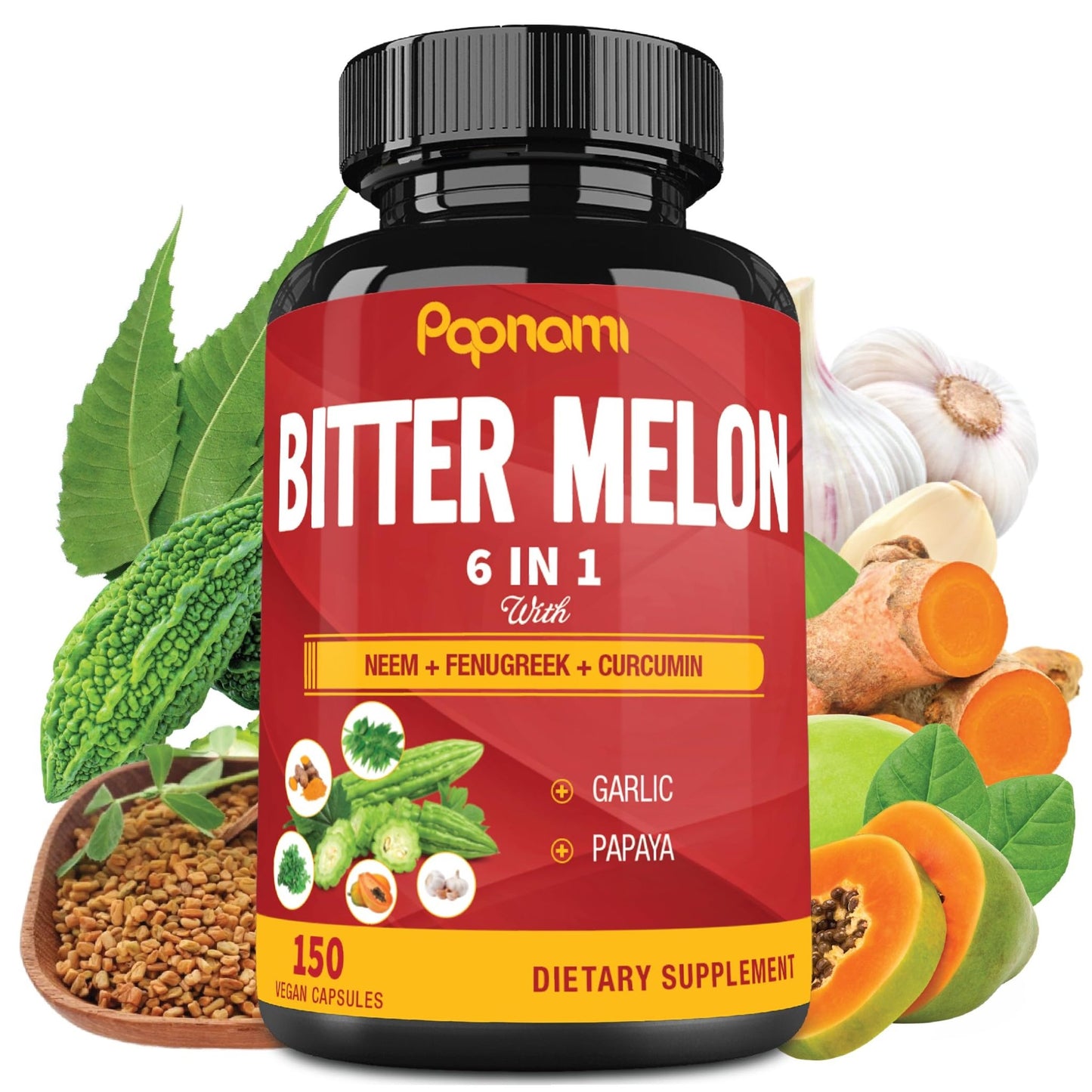 Organic Bitter Melon Extract Capsules - Combined Neem, Fenugreek, Curcumin, Garlic & Papaya - 150 Count for 5 Months - Supports Body, Digestive - dailyvitalstore