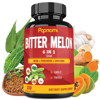 Organic Bitter Melon Extract Capsules - Combined Neem, Fenugreek, Curcumin, Garlic & Papaya - 150 Count for 5 Months - Supports Body, Digestive - dailyvitalstore