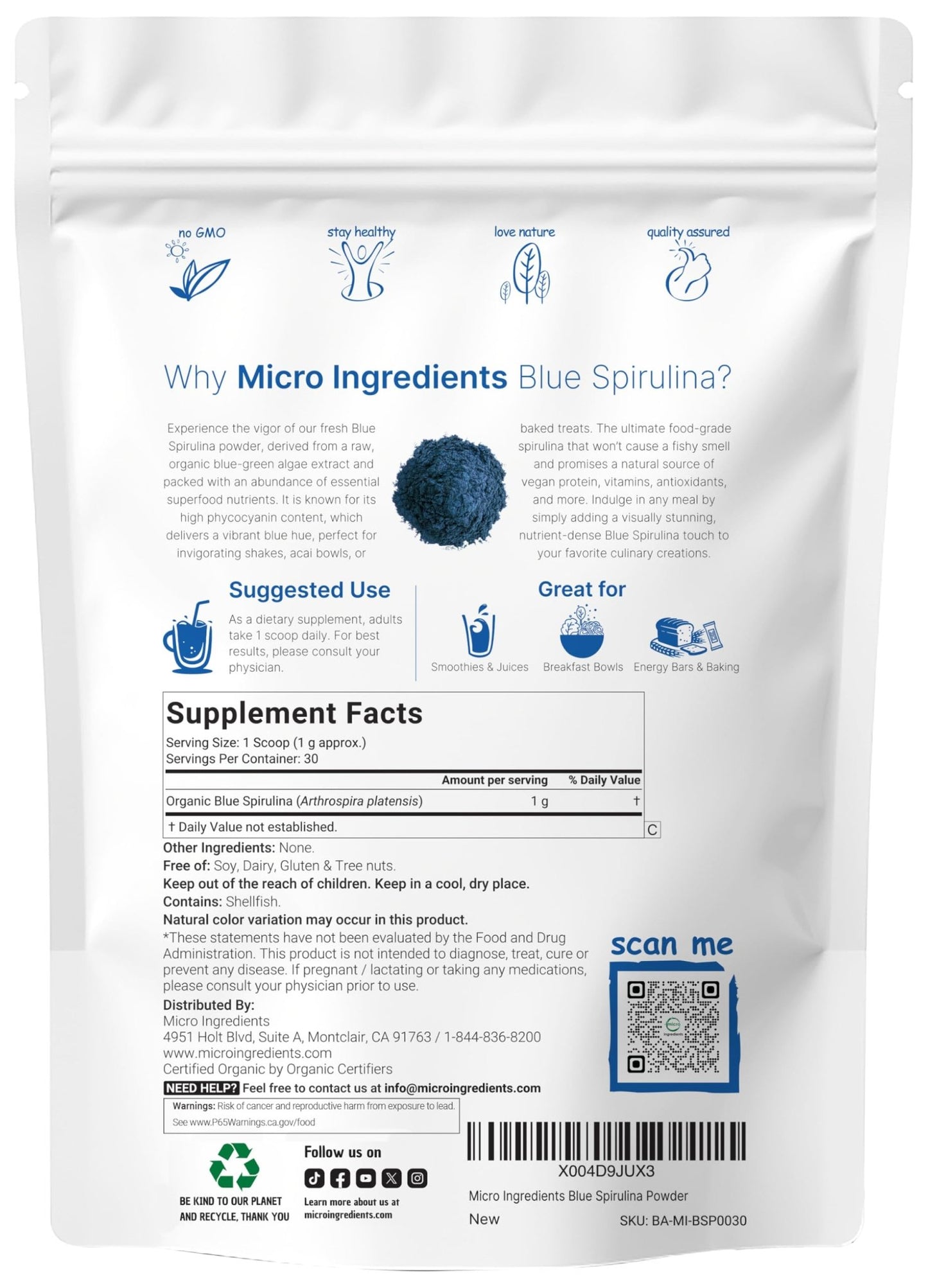 Organic Blue Spirulina Powder (Phycocyanin Extract), 30 Servings - No Fishy Smell, 100% Vegan Protein from Blue-Green Algae, Natural Luminous Food - dailyvitalstore