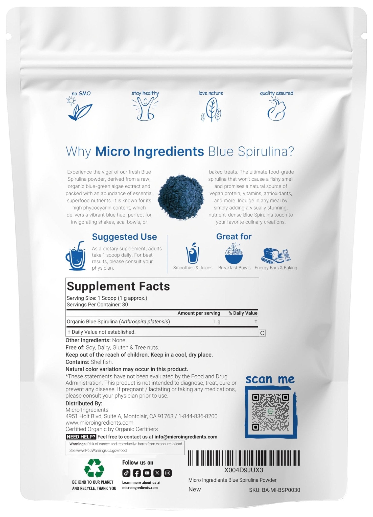 Organic Blue Spirulina Powder (Phycocyanin Extract), 30 Servings - No Fishy Smell, 100% Vegan Protein from Blue-Green Algae, Natural Luminous Food - dailyvitalstore