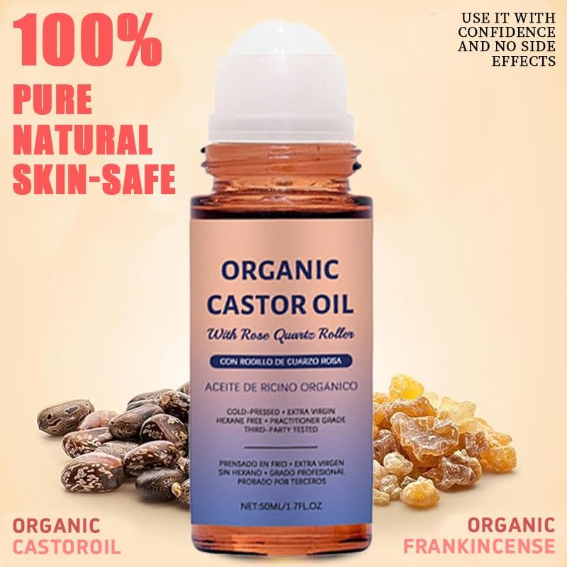 Organic Castor Oil with Rose Quartz Roller, Cold-Pressed Pure Organic Castor Oil Roller Ball for Hair Growth, Eyelashes, Eyebrows & Skin, 1.7 fl oz(1) - dailyvitalstore