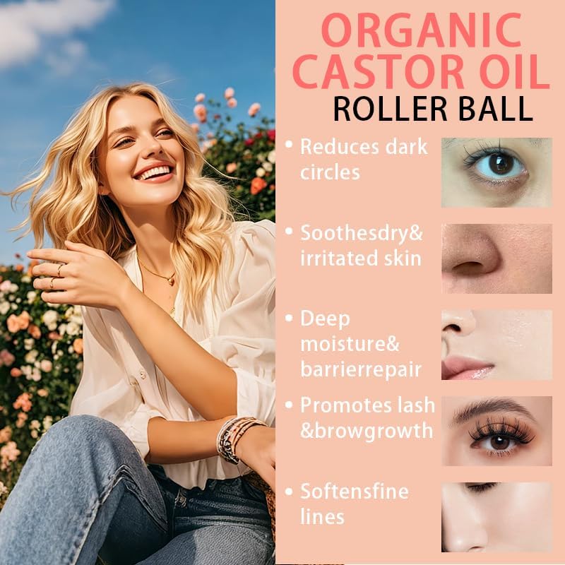 Organic Castor Oil with Rose Quartz Roller, Cold-Pressed Pure Organic Castor Oil Roller Ball for Hair Growth, Eyelashes, Eyebrows & Skin, 1.7 fl oz(1) - dailyvitalstore