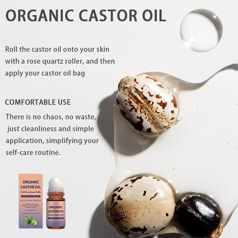 Organic Castor Oil with Rose Quartz Roller, Cold-Pressed Pure Organic Castor Oil Roller Ball for Hair Growth, Eyelashes, Eyebrows & Skin, 1.7 fl oz(1) - dailyvitalstore