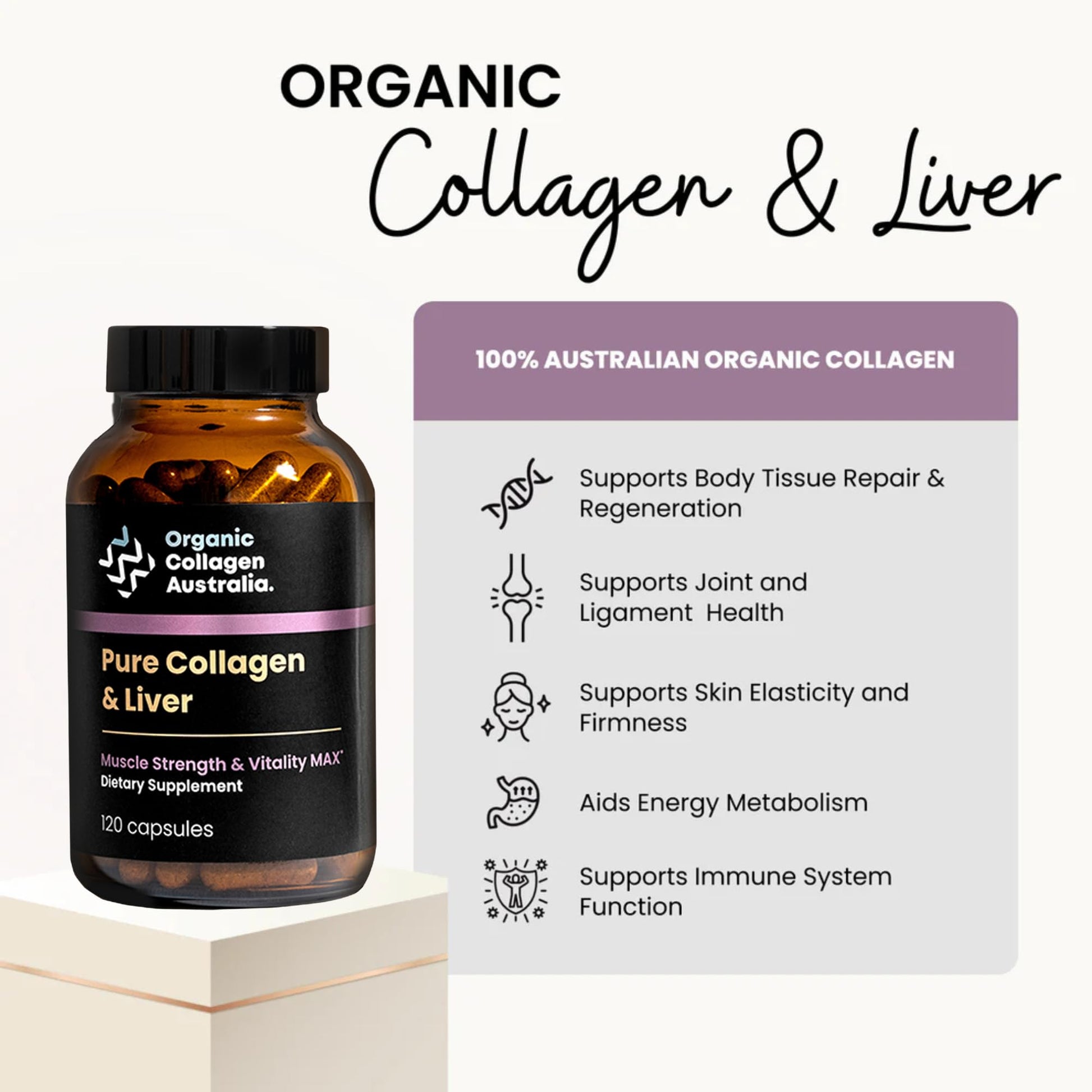 Organic Collagen Australia Pure Collagen & Liver Capsules – Muscle Strength & Vitality with Hydrolyzed Collagen, Grass-Fed Liver, and Vitamin B12 – 120 Capsules - dailyvitalstore